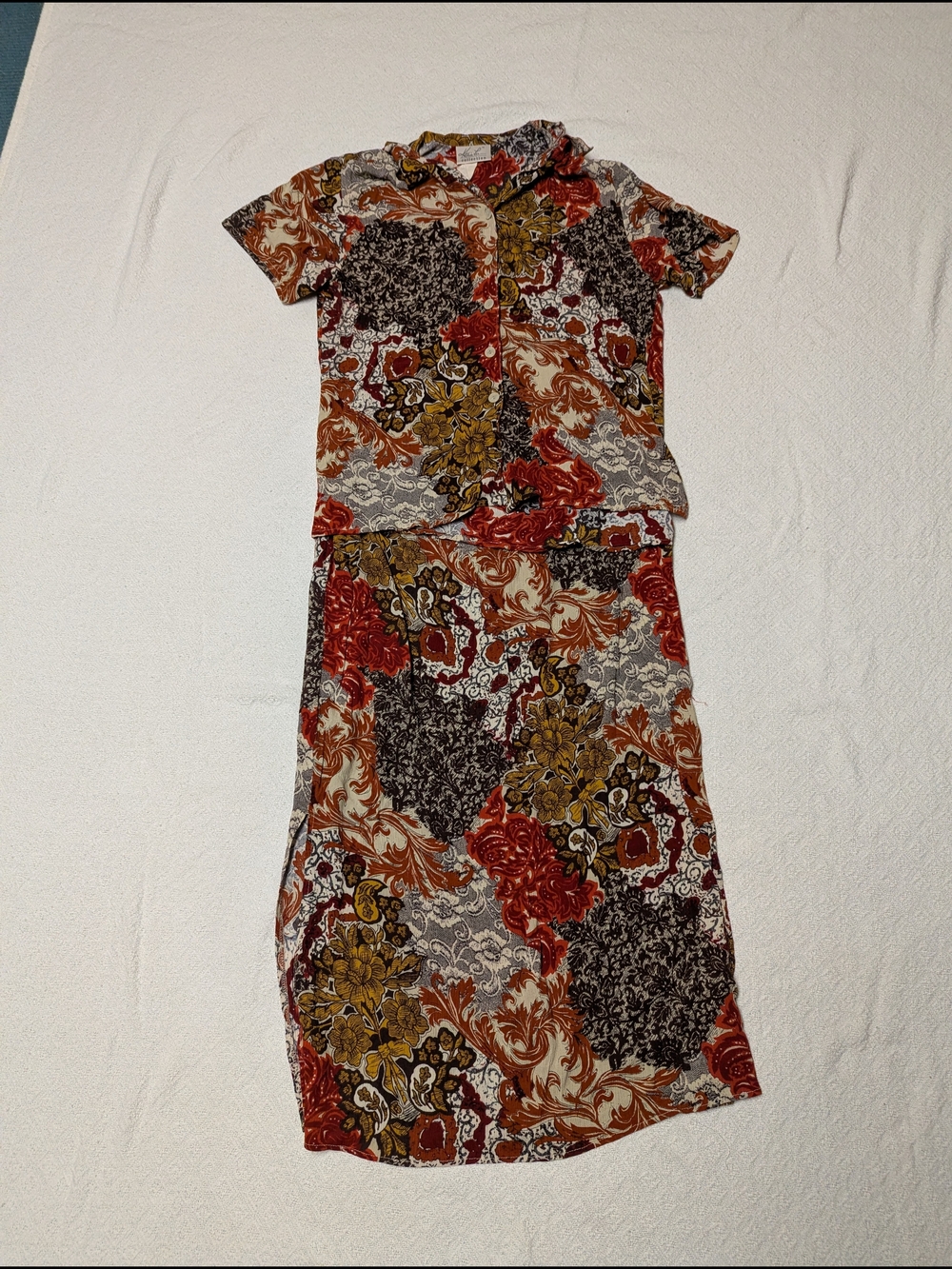 Vintage Floral Two-Piece Matching Set In Red, Brown And Mustard